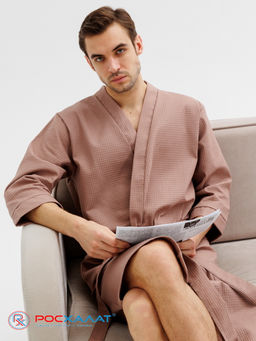 Мужской укороченный вафельный халат с планкой коричневый В-05 (21)