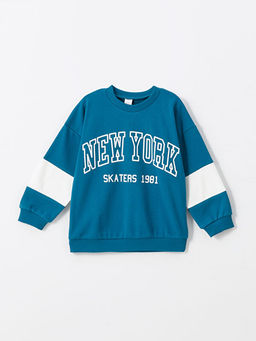 Bisiklet Yaka Bask?l? Erkek Bebek Sweatshirt ve Pantolon 2li Tak?m