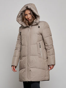 Пальто утепленное молодежное зимнее женское бежевого цвета 52363B