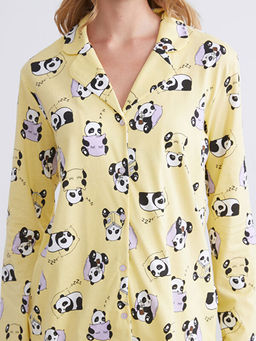 G?mlek Yaka Bask?l? Kad?n Pijama Tak?m?