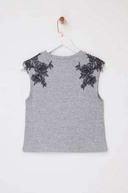 Gri melanj Fitted/Vucuda Oturan Kolsuz Aksesuar Detayl? Fitilli Esnek Orme Bluz TWOSS26BZ00105