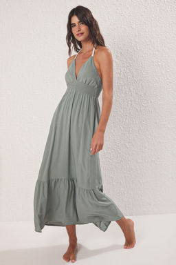 Haki Dokuma S?rt Dekolteli Maxi Plaj Elbise TBESS25EL00109