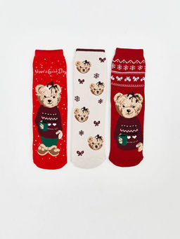 Kayd?rmaz Tabanl? Ay? Teddy Desenli K?z ?ocuk Havlu Soket ?orap 3l?