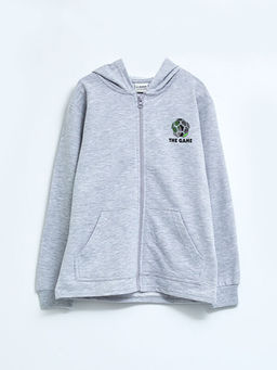 Kap??onlu Bask?l? Uzun Kollu Erkek ?ocuk Fermuarl? Sweatshirt