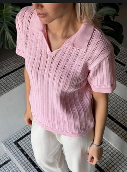 K13446 Футболка-поло (вязаный трикотаж) РОЗОВЫЙ