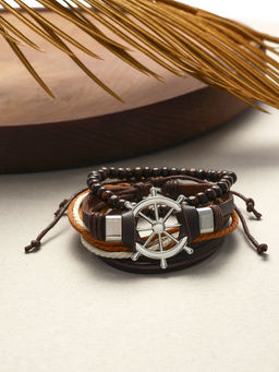 Набор браслетов кожаных «Мачта и штурвал», 3 шт., бежево-коричневый в серебре, d=7.5 см