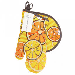 Кухонный комплект "Апельсинки, вид 5": прихватка-варежка 15х30см + прихватка 20х25см форма "Капелька", рогожка 171г/м2, хлопок 100%, наполнитель - ватин 280г/м2, на пластмассовом подвесе, "Домашняя мода" (Россия)