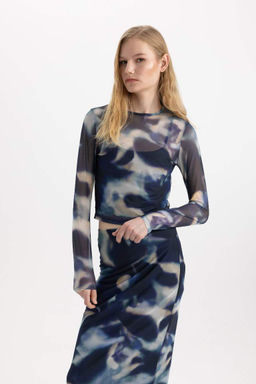 Облегающая футболка из тюля с круглым вырезом и длинными рукавами с рисунком - Defacto фото 3