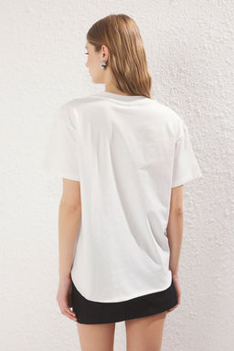 TRENDYOLMILLA Antrasit %100 Pamuk V Yaka Oversize/Genis Kesim Orme T-Shirt TWOSS25TS00162  фото 8