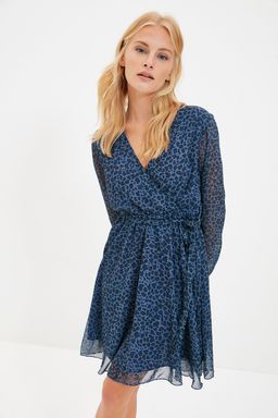 Cok Renkli Kusakl? Kruvaze Leopar Desenli Mini Dokuma Elbise TWOSS20EL0626