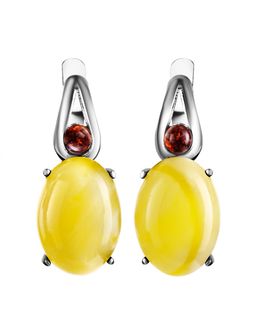 Серьги с натуральным медовым янтарем и вишневыми вставками Стамбул