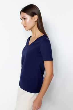 Lacivert %100 Pamuk Basic V Yaka Orme T-Shirt TWOSS23TS00001