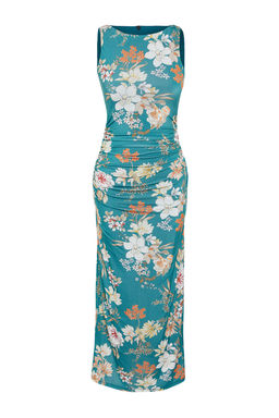 Yesil Cicekli Bask?l? Parlak Yuzeyli Kay?k Kaya Vucuda Oturan Esnek Orme Kalem Elbise TWOSS24EL00528