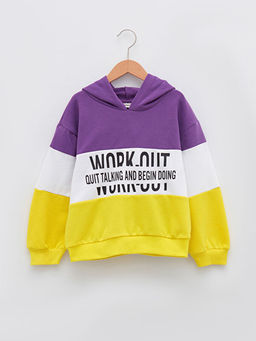 Kap??onlu Renk Bloklu Uzun Kollu K?z ?ocuk Sweatshirt