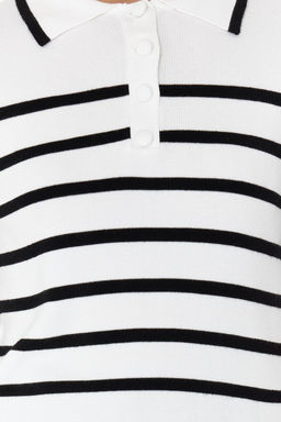 Ekru Premium Kalite Polo Yaka Cizgili Triko Kazak TWOSS24KZ00048