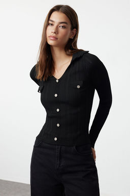 Siyah Polo Yaka Ince Triko Kazak TWOAW25KZ00036