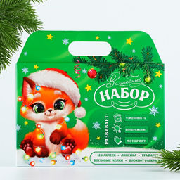 Подарочный набор новогодний, блокнот-раскраска, трафарет, наклейки и восковые мелки «Лисёнок»