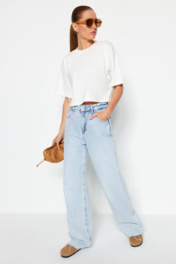 Premium Ekru Relaxed/Rahat Kal?p %100 Kal?n Pamuklu Crop Orme T-Shirt TWOSS23TS00038