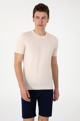 Erkek Slim Fit Bisiklet Yaka Krem Kazak