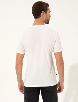 Ekru Slim Fit Bask_l_ Bisiklet Yaka Ti__rt