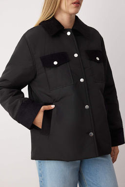 Siyah Regular Kal?p Yakas? Kadife Detayl? Elyafl? Ince Ceket Mont TWOAW26MO00124 - Trendyolmilla фото 4