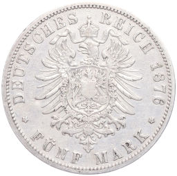 Монета 5 марок 1876 года В Германия (Пруссия)