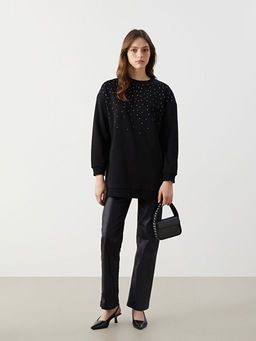 Bisiklet Yaka Ta?l? Kad?n Kal?n Sweatshirt Tunik