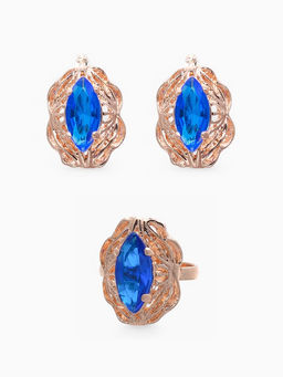 Гарнитур 3 предмета: серьги, кулон, кольцо безразмерное Эдель ажурный овал, цвет син в золоте, 45 см