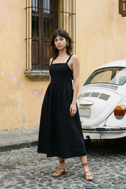 Siyah A Kesim Bel Dekolteli Pamuklu Vual Mini Dokuma Elbise TWOSS24EL00775