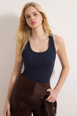 Lacivert Havuz Yaka Regular Boy Fitilli Esnek Vucuda Oturan Orme Atlet TWOSS24AL00060