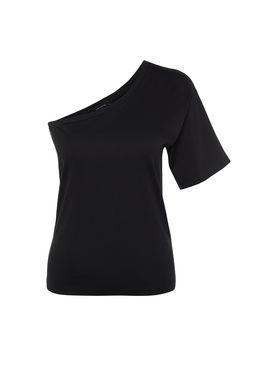 TRENDYOLMILLA Siyah Asimetrik Yaka %100 Pamuk Tek Kol Regular/Normal Kal?p Basic Orme T-Shirt TWOSS23TS00379 фото 7