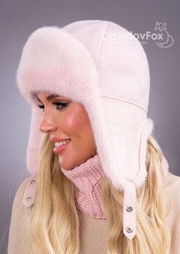 Шапка Ушанка трикотаж экомех розовый жемчуг