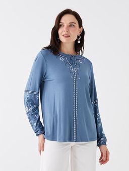 Ba?lamal? Yaka Bask?l? Uzun Kollu Kad?n Bluz