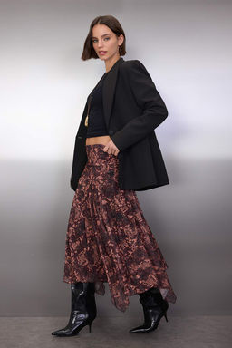 Bordo Boho Bask?l? Skater Asimetrik Etek Ucu Detayl? Esnek Orme Etek TWOAW26ET00037