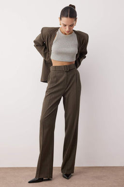 Haki Kemerli Cizgili Dokuma Genis Paca Pantolon TWOAW26PL00083 - Trendyolmilla фото 2