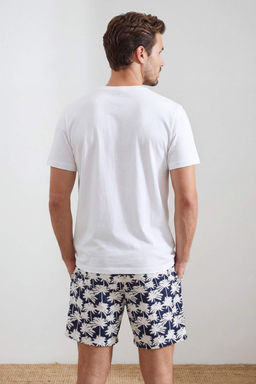 Ekru Regular Kesim Palmiye Desenli Pamuklu T-shirt-Sort Pijama Tak?m? TMNSS26PT00023
