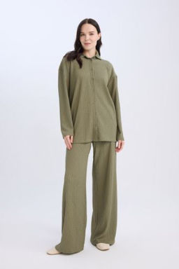 Burumcuk Pantolon Straight Fit Beli Lastikli Basic Duz Genis Bol Paca