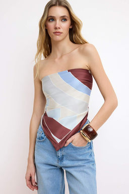 Kahverengi Geometrik Desen Farkl? Kullan?ma Uygun Saten Sal Bluz TWOSS26BZ00332