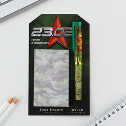 Подарочный набор ручка шариковая и блок бумаги 30 л 23 февраля. Герой и защитник