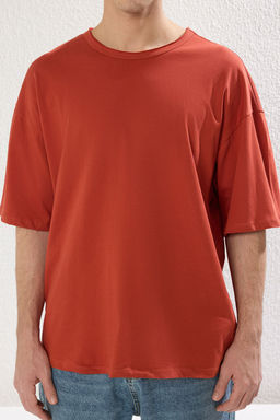 TRENDYOL MAN Kiremit Oversize/Genis Kesim Yaka Detayl? %100 Pamuklu T-Shirt TMNSS25TS00008 - Trendyolmilla фото 4