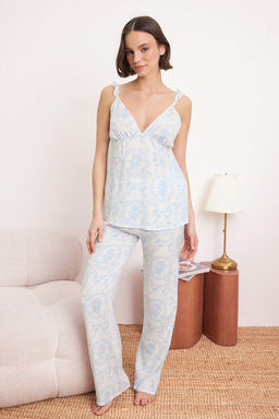 Mavi Cicekli F?rf?r Detayl? Viskon Dokuma Pijama Tak?m? THMSS26PT00104