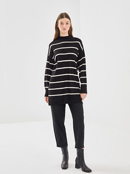 Yar?m Bal?k?? Yaka ?izgili Uzun Kollu Kad?n Triko Tunik