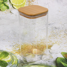 Банка для продуктов стеклянная 1200мл "Хай-Тек" с бамбуковой крышкой, квадратная 10*20см