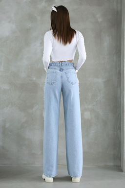 Mavi Puskullu Yuksek Bel Duz Kesim Straight Jeans TWOSS25JE00139 - Trendyolmilla фото 6