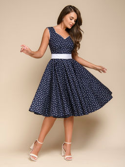 Платье темно-синее с ажурным вырезом и поясом - 1001dress фото 2