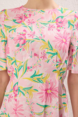 Pembe Cicekli A Kesim Viskon Mini Dokuma Elbise TWOSS24EL00632