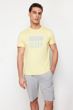 TRENDYOL MAN Mavi %100 Pamuk Regular Fit Orme Yazl?k Sortlu Pijama Tak?m? THMSS21PT0216