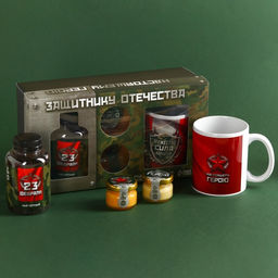 Набор Защитнику отечества: чай чёрный 50 г., кружка 300 мл., крем-мёд с имбирём и апельсином 60 г (2 шт. х 30 г).
