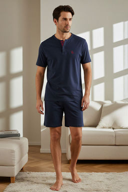 Trendyolmilla Man Lacivert Regular Nak?sl? Ceyizlik Sortlu Orme Pijama Tak?m? TMNSS25PT00079