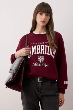 Bordo Slogan Bask?l? Bisiklet Yaka Relaxed Orme Sweatshirt TWOAW26SW00220 - Trendyolmilla фото 2